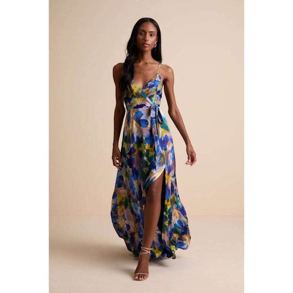 Lulus Still The One Blue Multi Floral Print Satin Maxi Dress - Size L